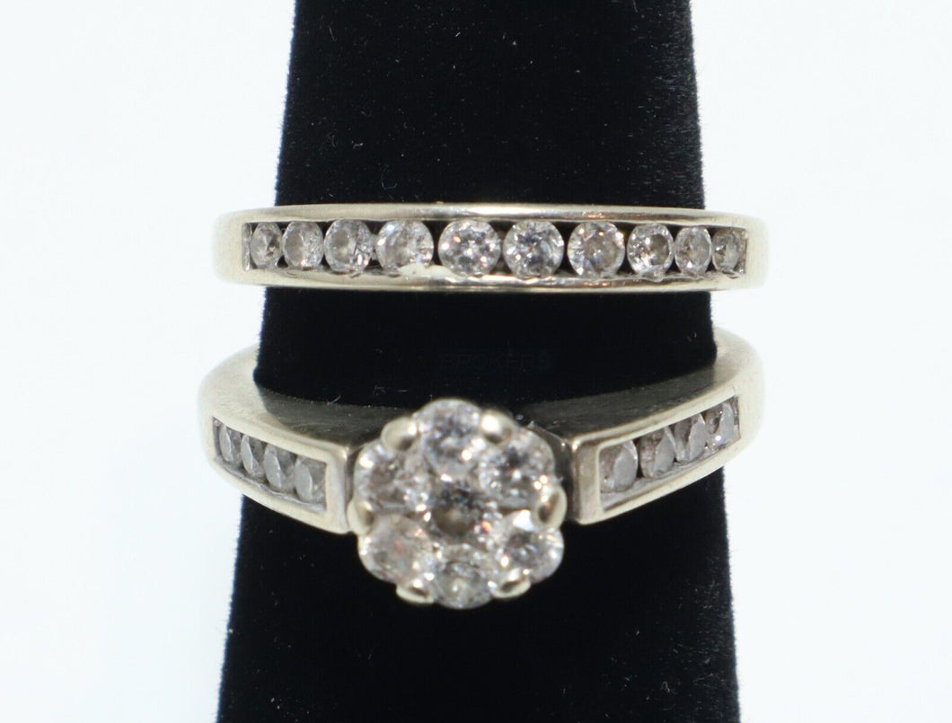 Zales Engagement Ring & Wedding Band 10K White Gold 1 CTTW Diamond Flower Set